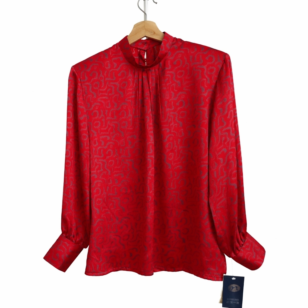 NWT Modern Tribe 100% Silk Red Swirl Print High Neck Blouse Vintage Style